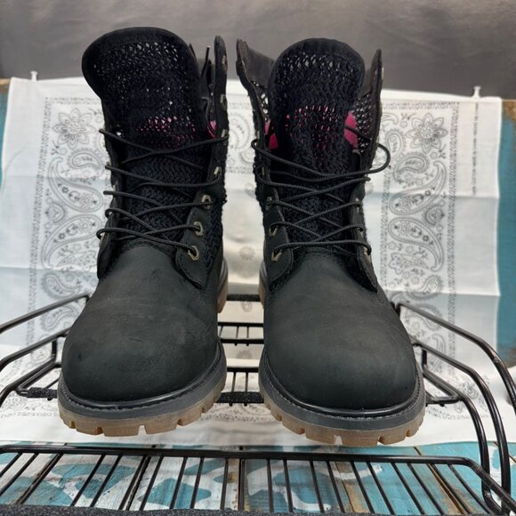 Timberland A13R1 Women's Black Leather Open Weave Ankle Combat Boots Size 8.5 - Picture 3 of 11